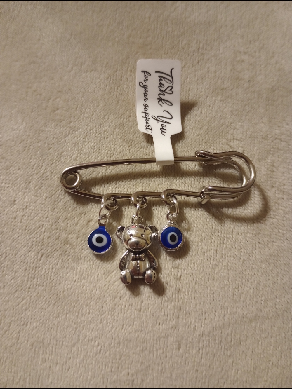 Silver Teddy Charm Safety Pin with Blue Evil Eye Charms